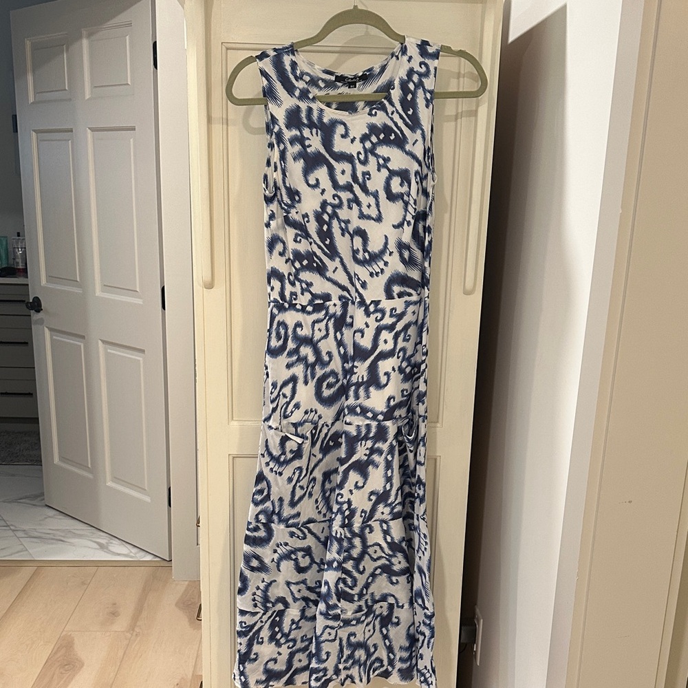 CHARLIE B Blue and White Midi Drop waist Dress with pockets